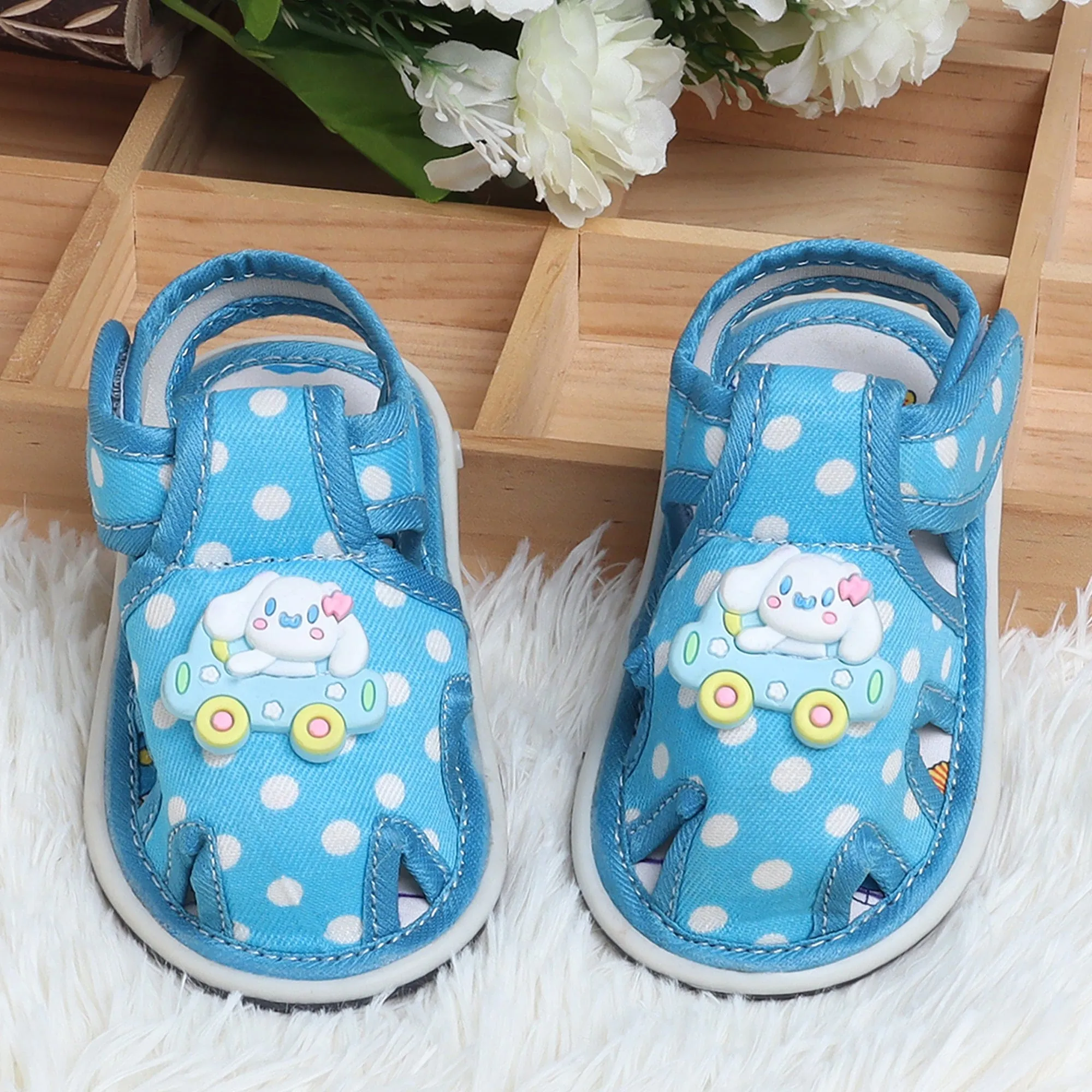 Baby Moo Puppy In Car Polka Dot Velcro Strap Anti-Skid Chu Chu Sound Sandals - Blue