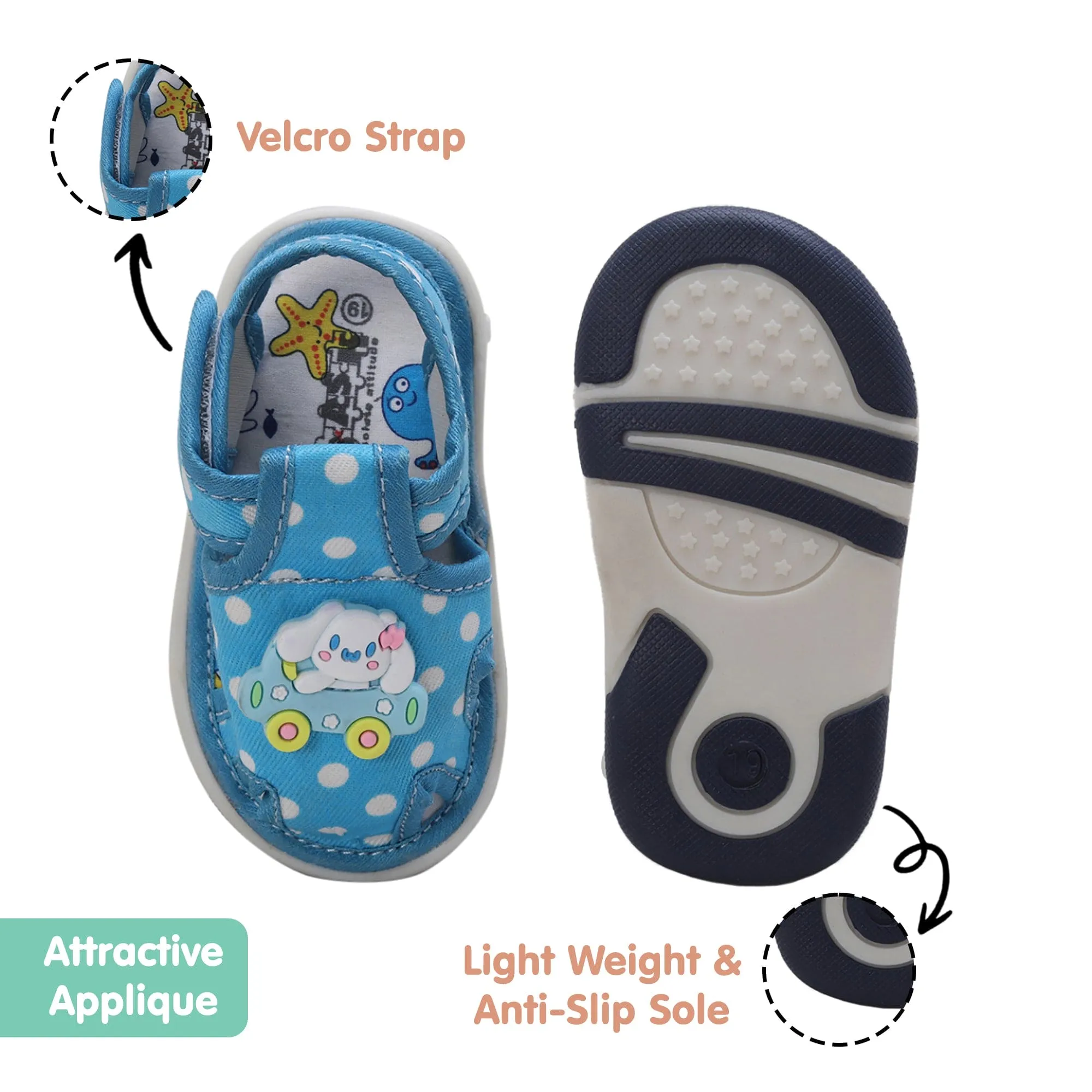 Baby Moo Puppy In Car Polka Dot Velcro Strap Anti-Skid Chu Chu Sound Sandals - Blue