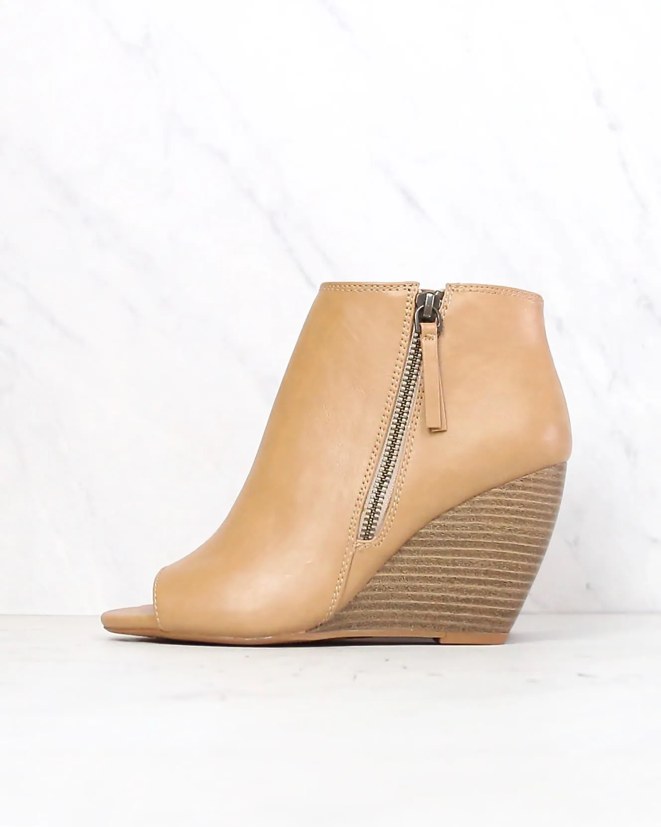 BC Footwear Rebellion Peep Toe Wedge Heel Booties in Taupe