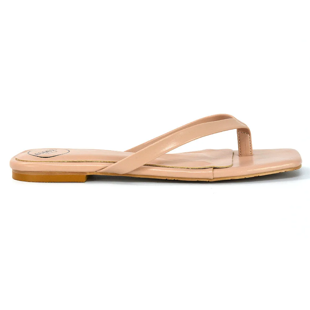 CODY FLAT SLIP ON SQUARE TOE THONG FLIP FLOP SLIDES IN PINK SYNTHETIC LEATHER