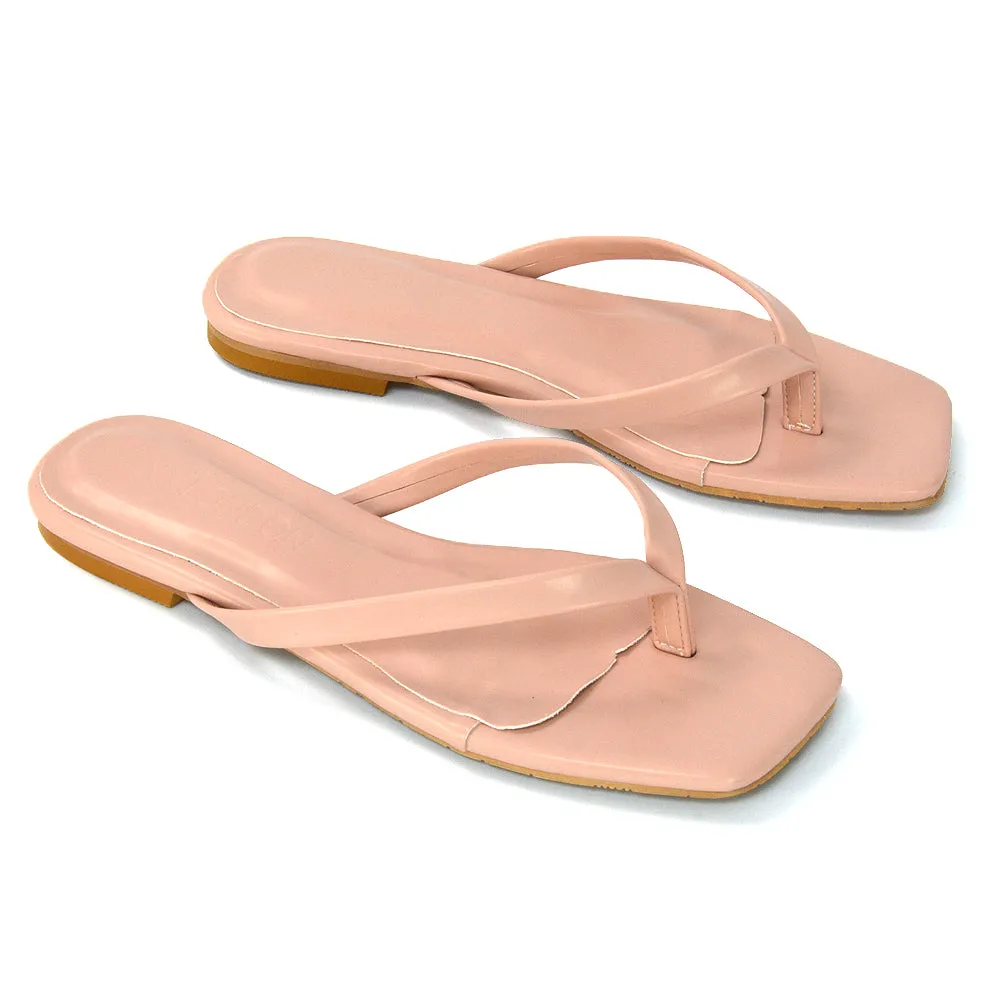 CODY FLAT SLIP ON SQUARE TOE THONG FLIP FLOP SLIDES IN PINK SYNTHETIC LEATHER