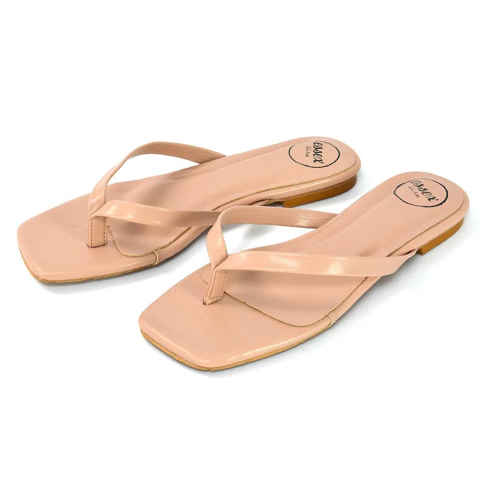 CODY FLAT SLIP ON SQUARE TOE THONG FLIP FLOP SLIDES IN PINK SYNTHETIC LEATHER