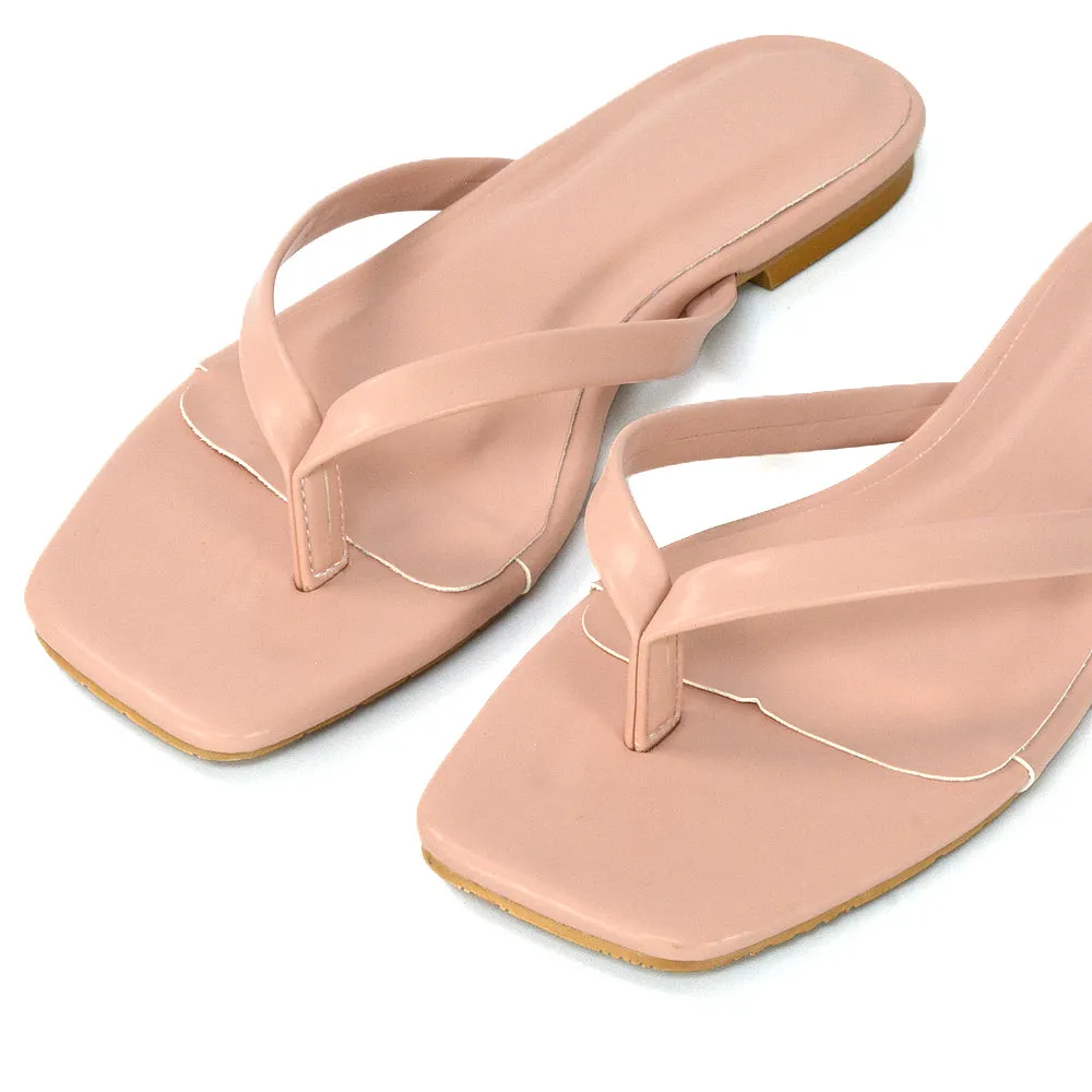 CODY FLAT SLIP ON SQUARE TOE THONG FLIP FLOP SLIDES IN PINK SYNTHETIC LEATHER