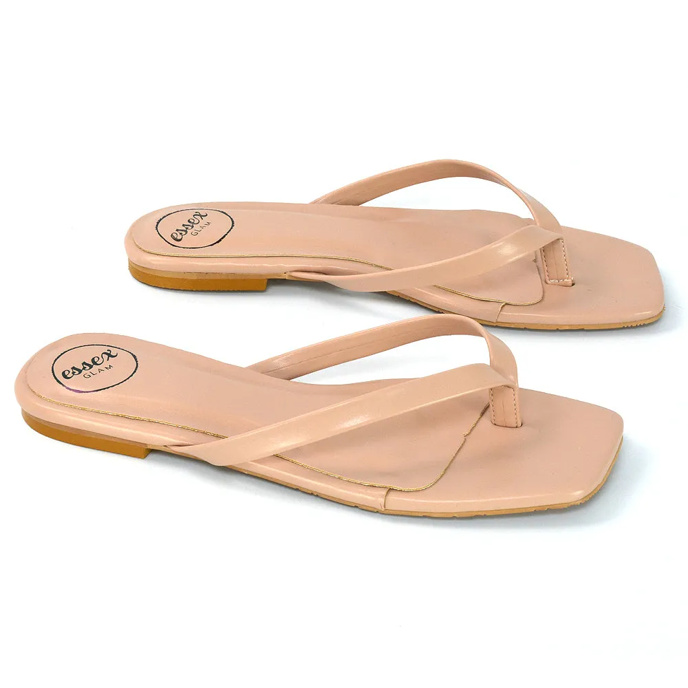 CODY FLAT SLIP ON SQUARE TOE THONG FLIP FLOP SLIDES IN PINK SYNTHETIC LEATHER