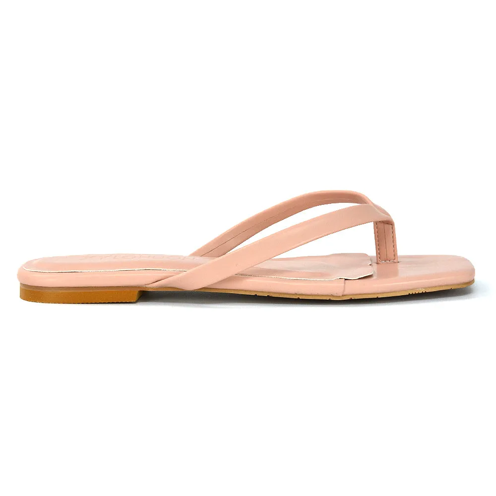 CODY FLAT SLIP ON SQUARE TOE THONG FLIP FLOP SLIDES IN PINK SYNTHETIC LEATHER