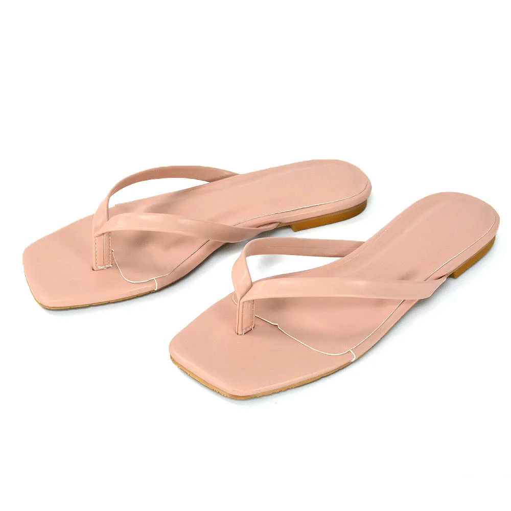 CODY FLAT SLIP ON SQUARE TOE THONG FLIP FLOP SLIDES IN PINK SYNTHETIC LEATHER