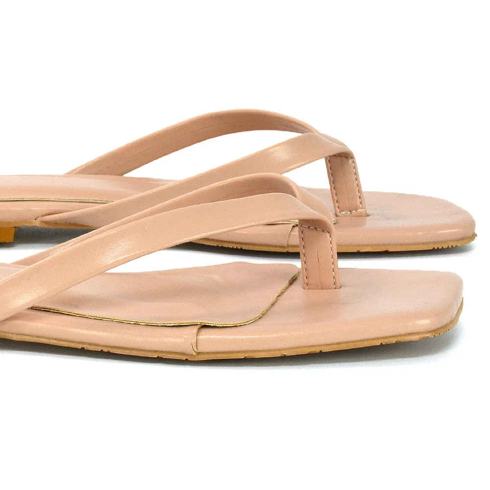 CODY FLAT SLIP ON SQUARE TOE THONG FLIP FLOP SLIDES IN PINK SYNTHETIC LEATHER