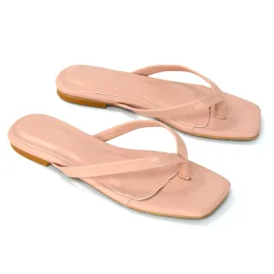 CODY FLAT SLIP ON SQUARE TOE THONG FLIP FLOP SLIDES IN PINK SYNTHETIC LEATHER