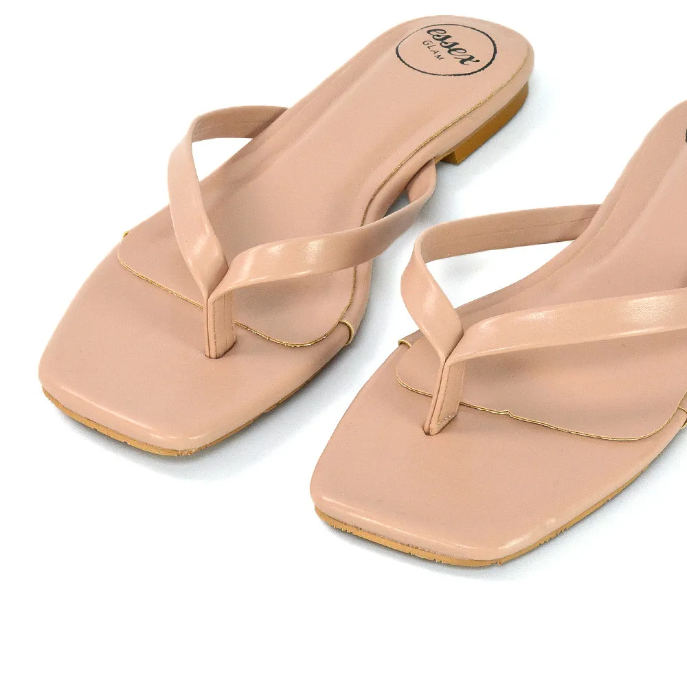 CODY FLAT SLIP ON SQUARE TOE THONG FLIP FLOP SLIDES IN PINK SYNTHETIC LEATHER