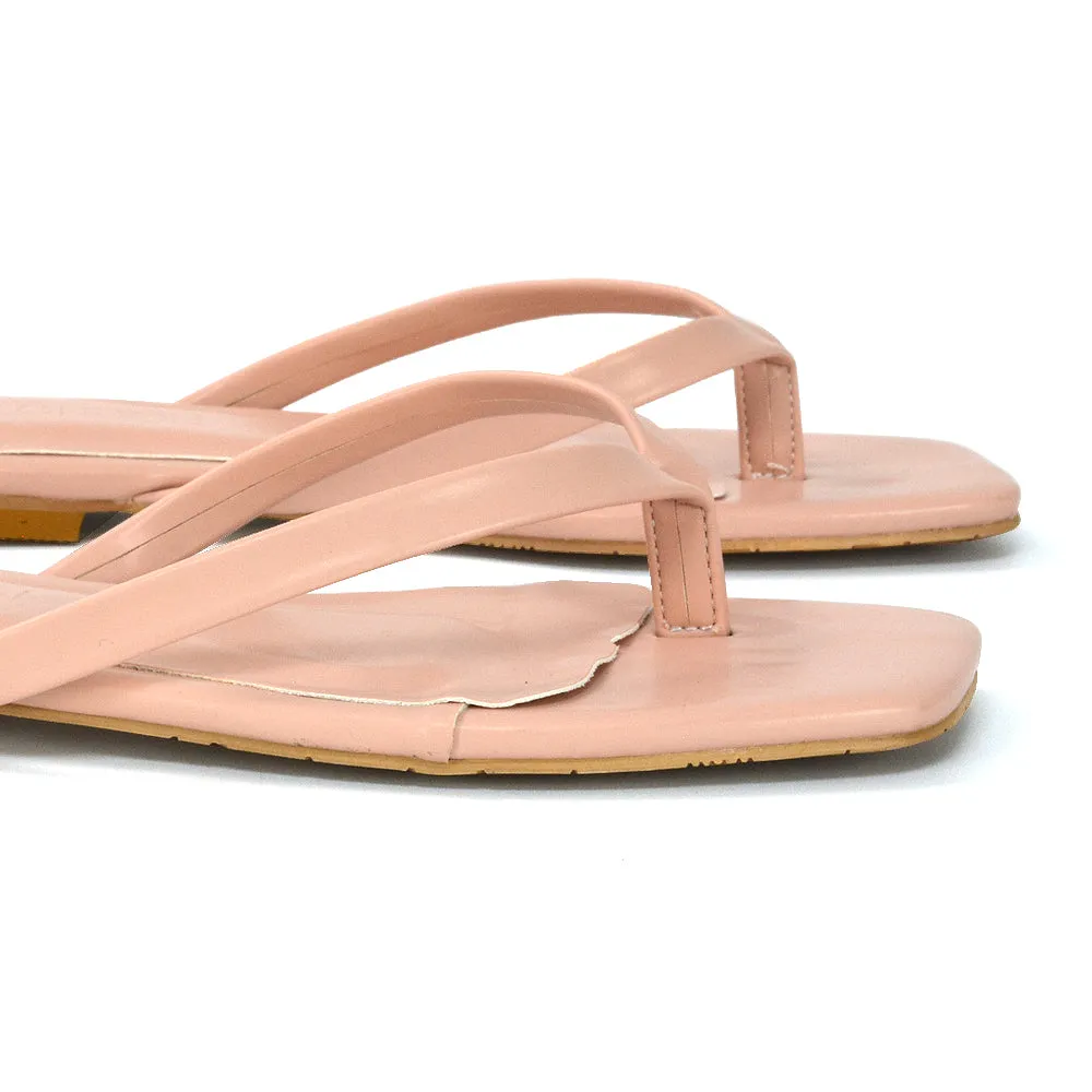 CODY FLAT SLIP ON SQUARE TOE THONG FLIP FLOP SLIDES IN PINK SYNTHETIC LEATHER