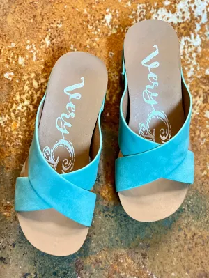 Crossed Paths Turquoise Sandals*