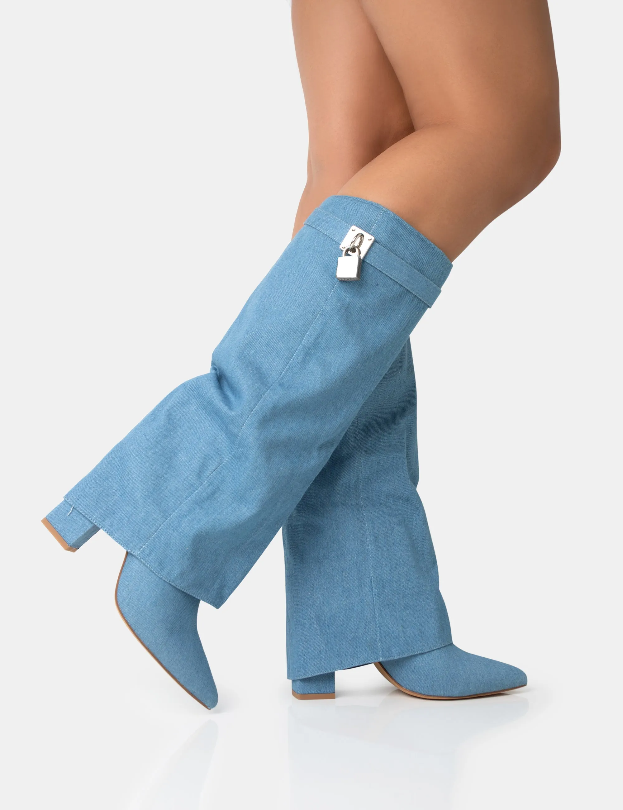 Echo Blue Denim Padlock Detail Fold Over Pointed Toe Knee High Boots