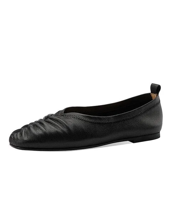 Genuine Leather Black Pointed Toe Flat Shoes For Women