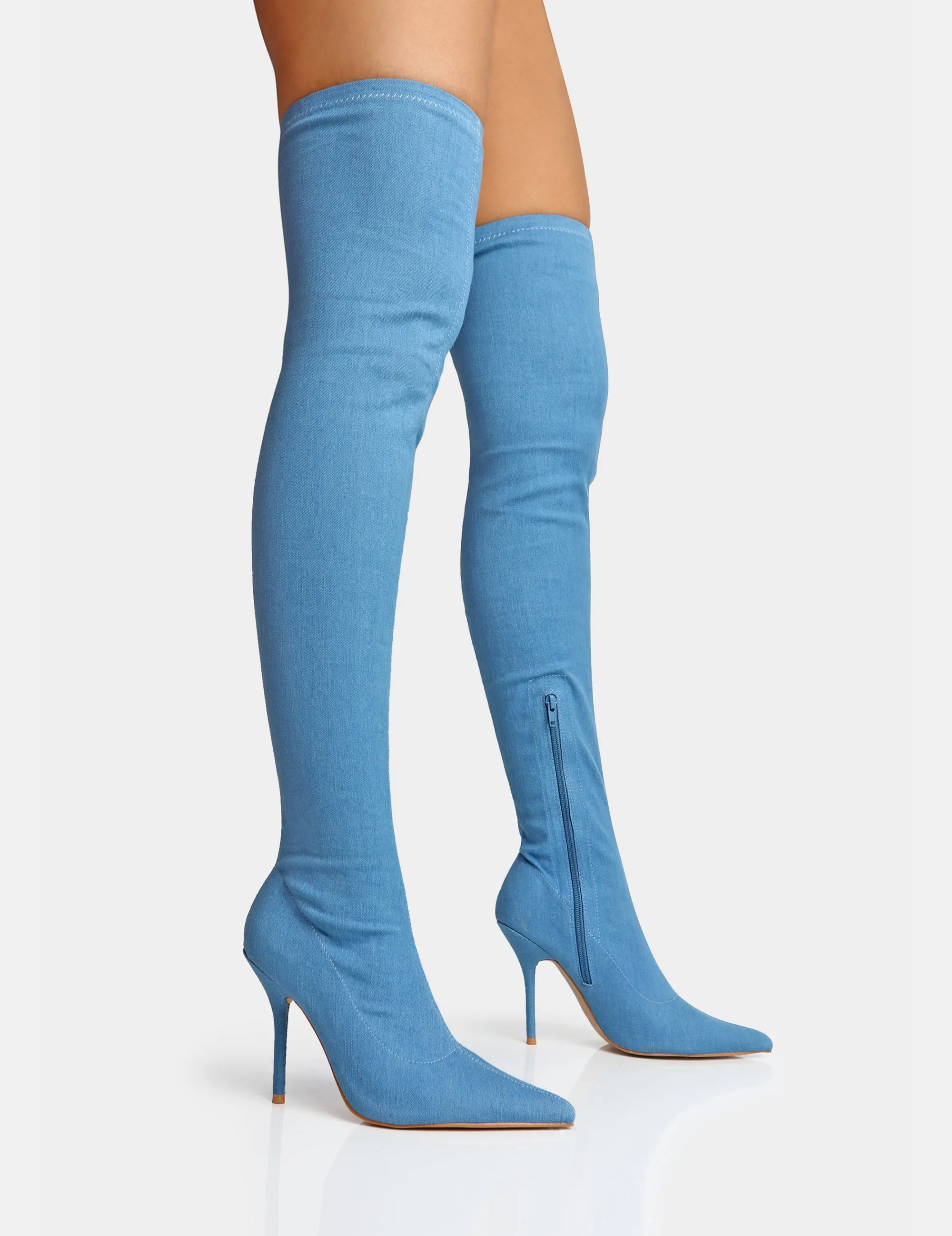 Jodie Blue Denim Seam Detail Pointed Toe Stiletto Over The Knee Boots