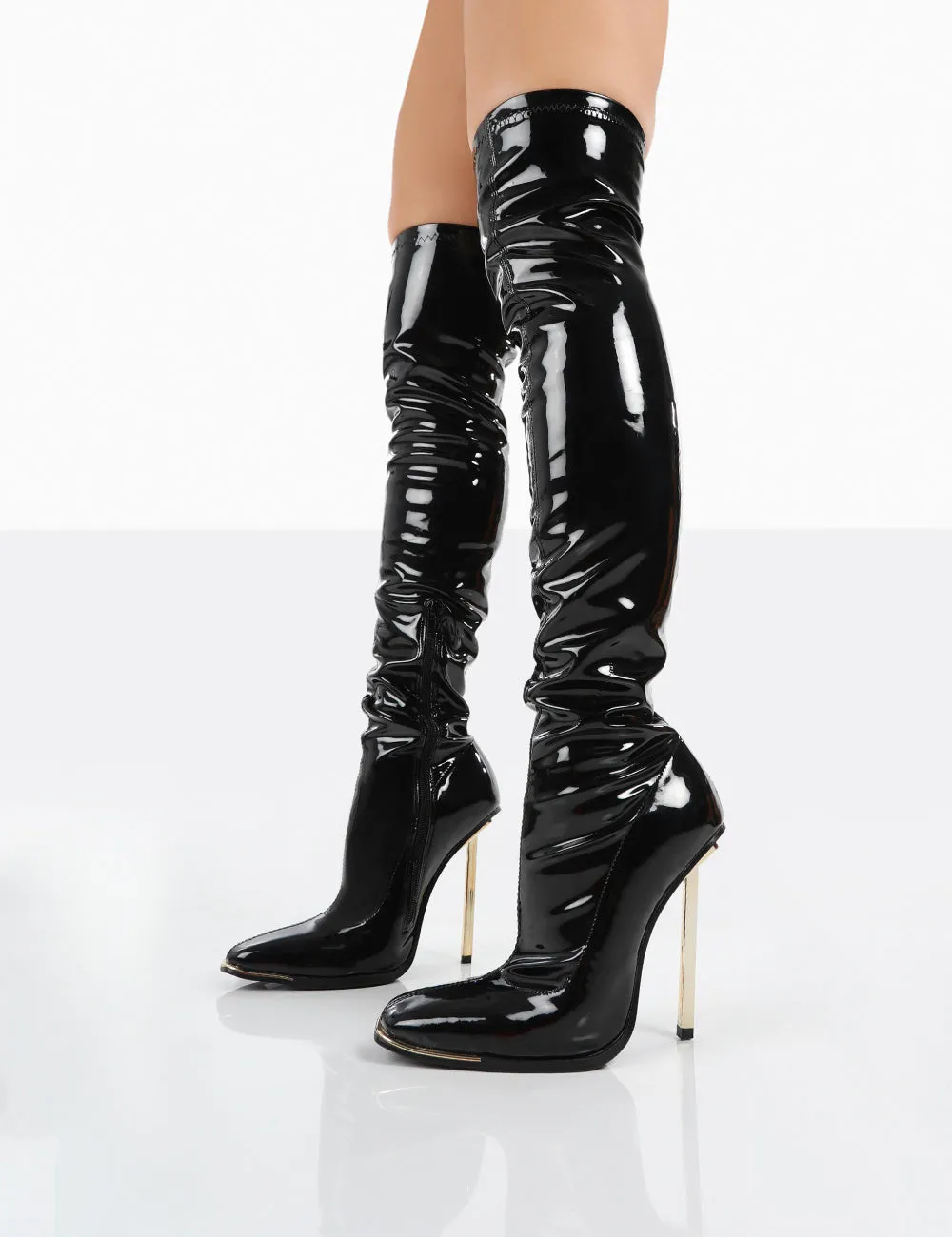 Kenza X Public Desire Vicki Black Patent over the Knee Stiletto Heeled Boots