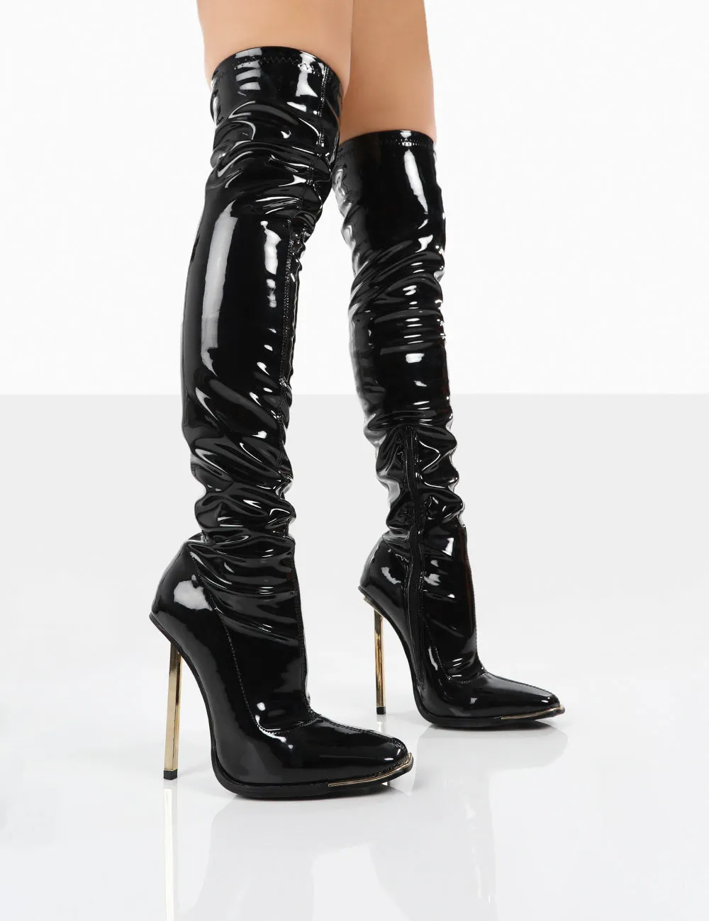 Kenza X Public Desire Vicki Black Patent over the Knee Stiletto Heeled Boots