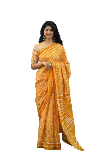 Kiaaron Women's Ikat Hand Block Print Jaipuri Cotton Mulmul Saree with Blouse Piece - Yellow_61