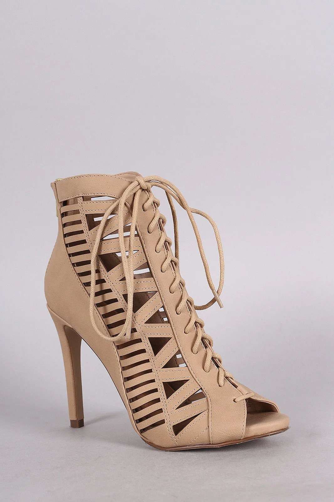 Kimmy - Caged Lace Up Peep Toe Booties