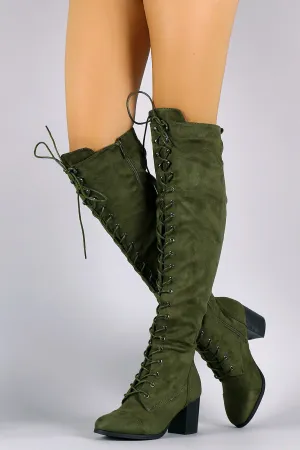 Over The Knee Lace Up Almond Toe Chunky Boots