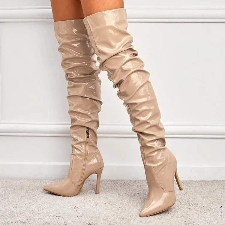 Pleated Over The Knee PU Leather Boots