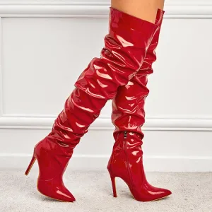 Pleated Over The Knee PU Leather Boots