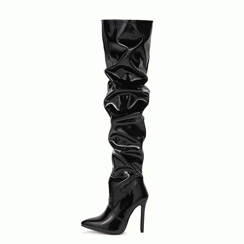 Pleated Over The Knee PU Leather Boots