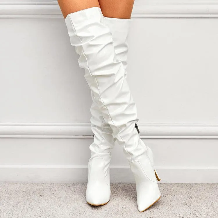 Pleated Over The Knee PU Leather Boots