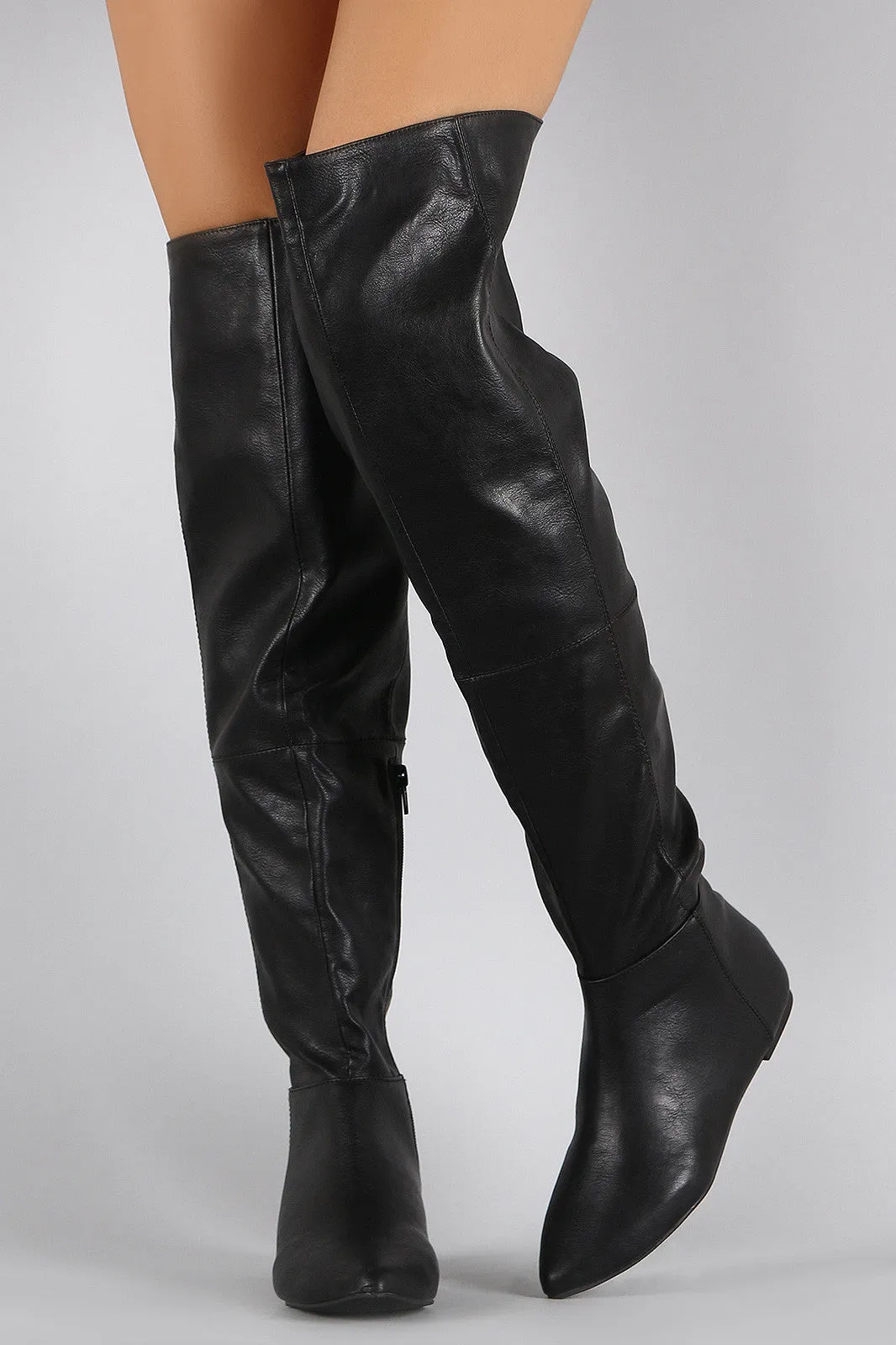 Qupid Patched Pointy Toe Over-The-Knee Flat Boots