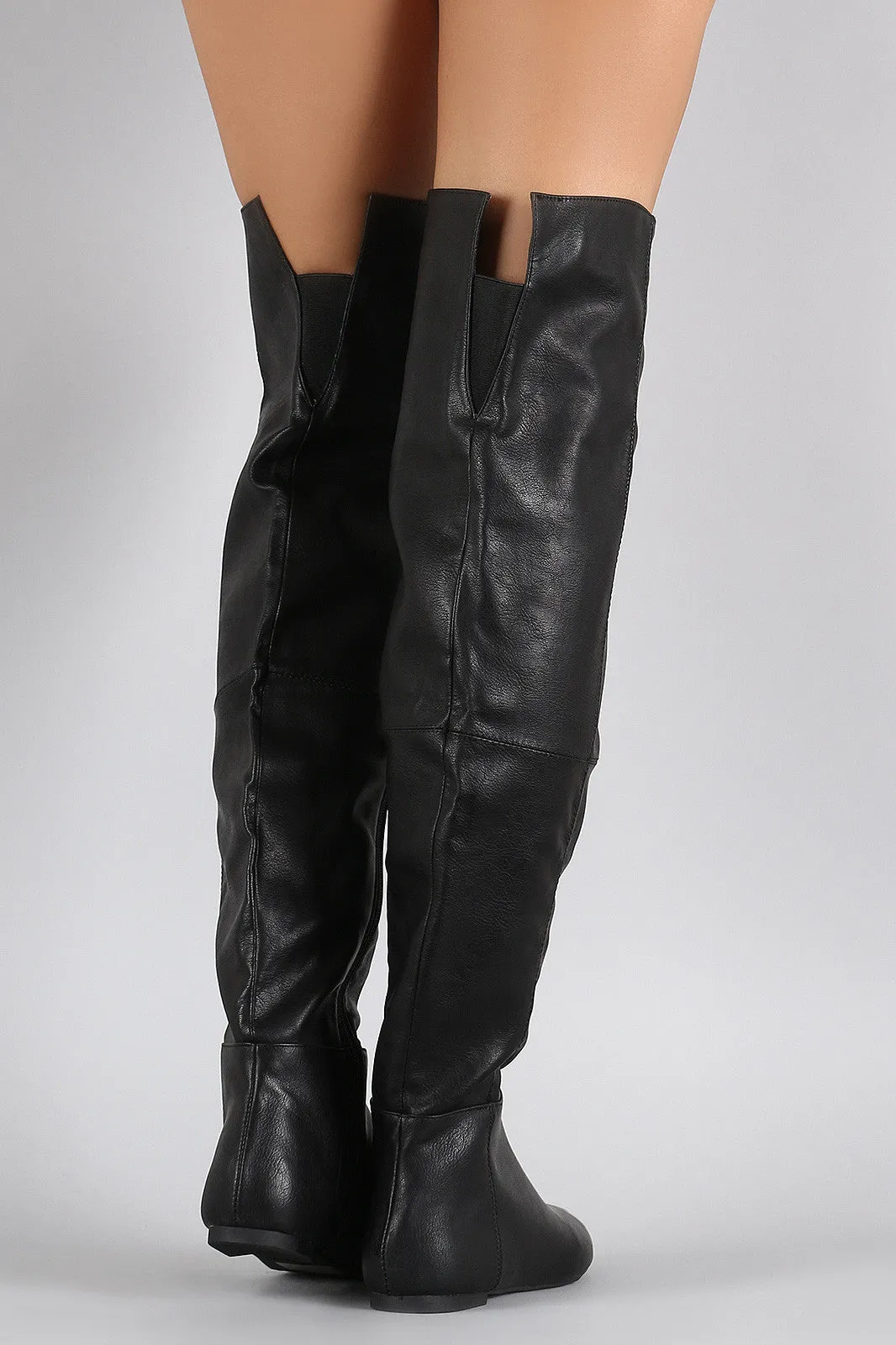 Qupid Patched Pointy Toe Over-The-Knee Flat Boots