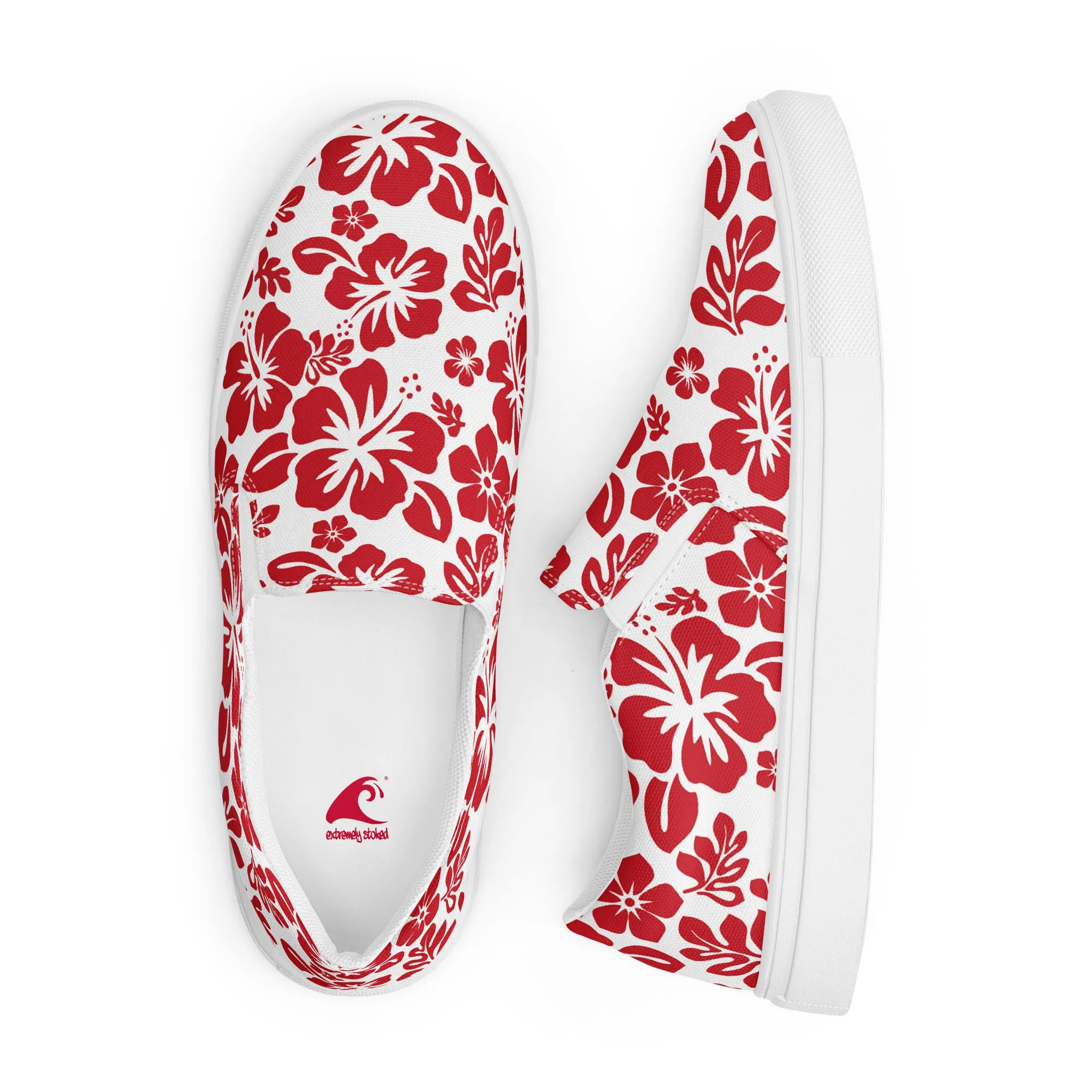 Red and White Hawaiian Flowers Men’s Slip On Canvas Shoes