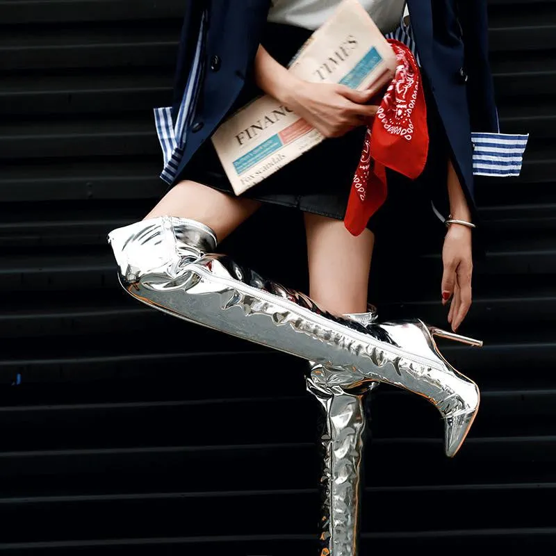 Silver Thin Heel Over The Knee Mirror Metallic Thigh High Boots