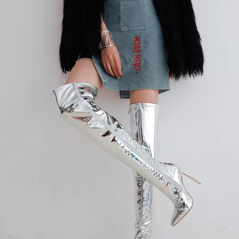 Silver Thin Heel Over The Knee Mirror Metallic Thigh High Boots