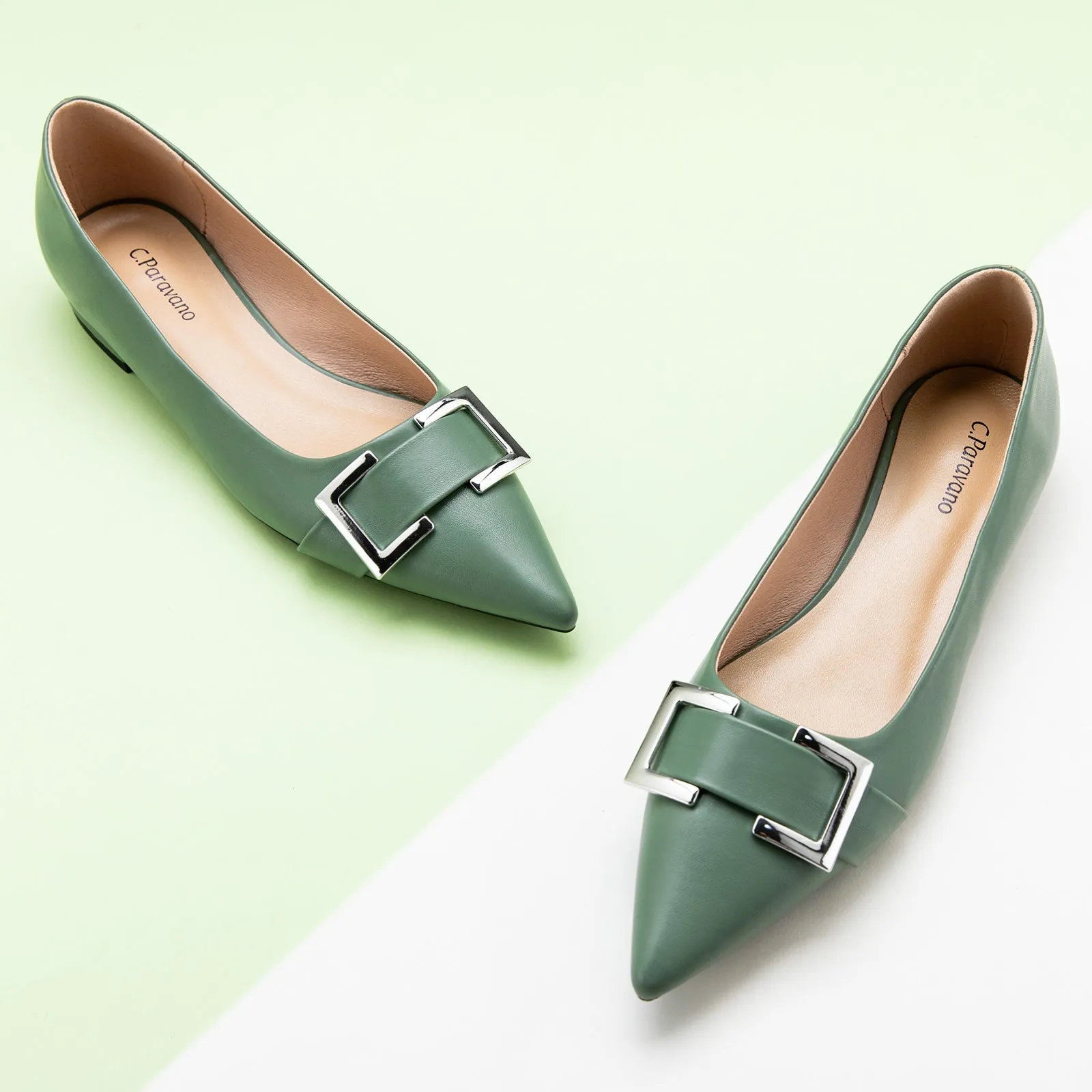 Soft Leather Metal Buckle Pointed Toe Flats