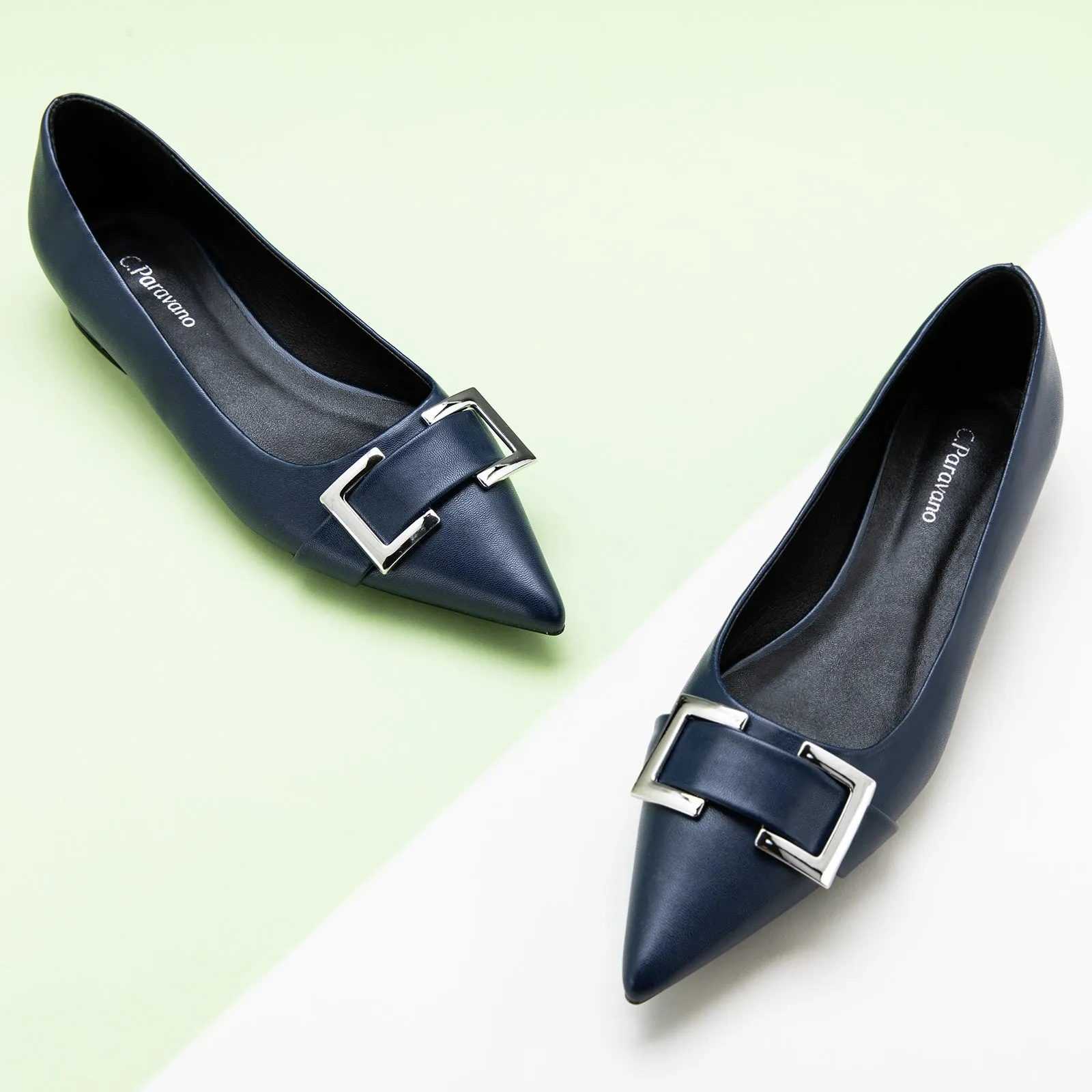 Soft Leather Metal Buckle Pointed Toe Flats