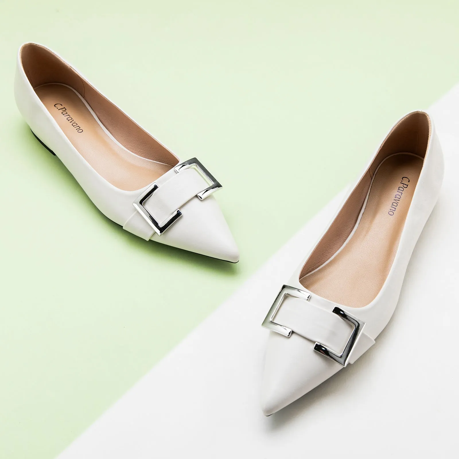 Soft Leather Metal Buckle Pointed Toe Flats