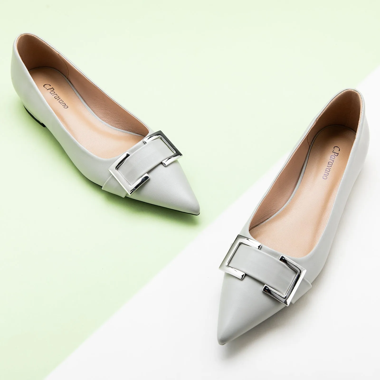 Soft Leather Metal Buckle Pointed Toe Flats