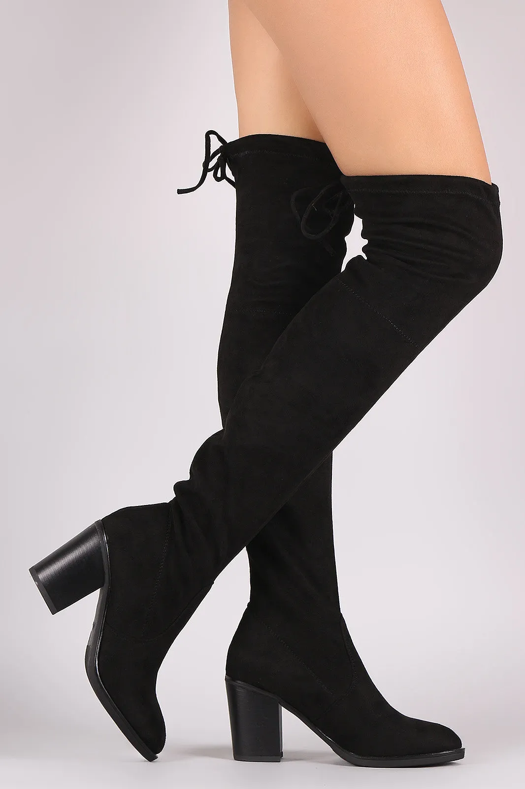 Stretched Suede Collar Tie Chunky Heeled Over-The-Knee Boots