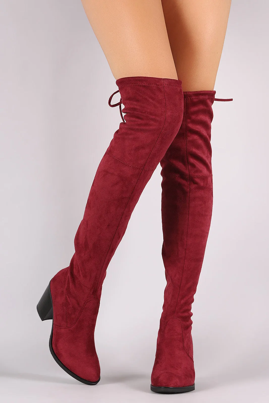 Stretched Suede Collar Tie Chunky Heeled Over-The-Knee Boots