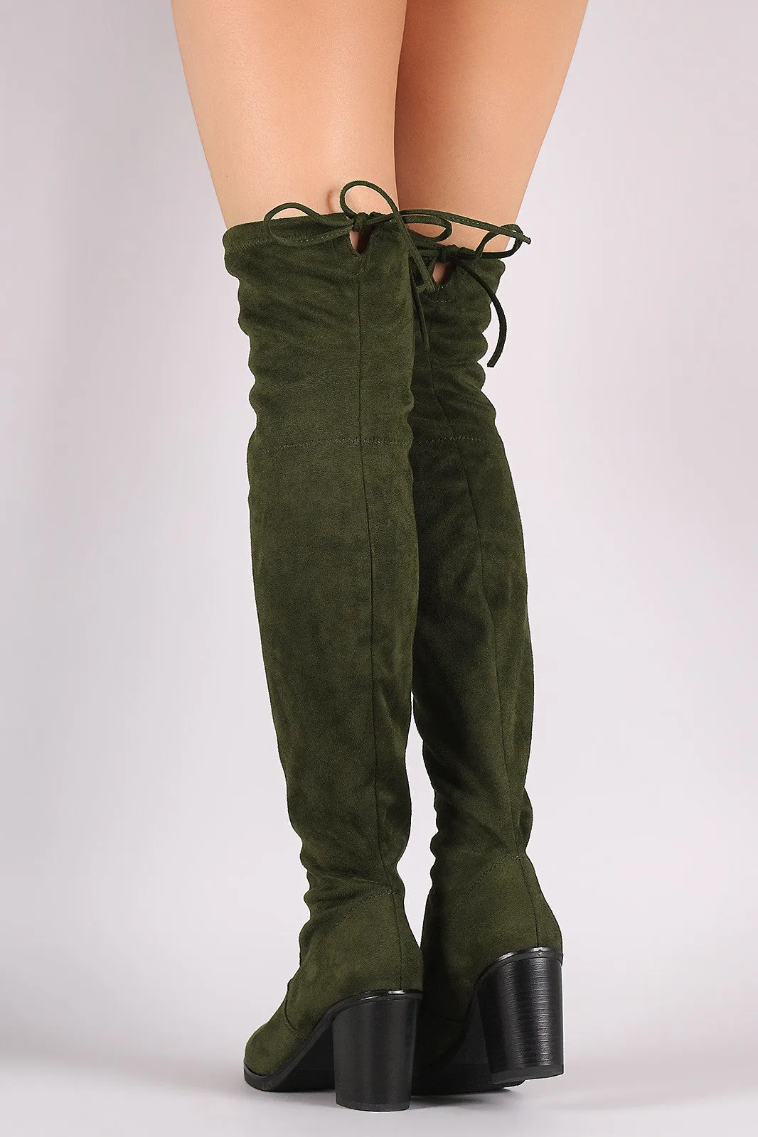 Stretched Suede Collar Tie Chunky Heeled Over-The-Knee Boots