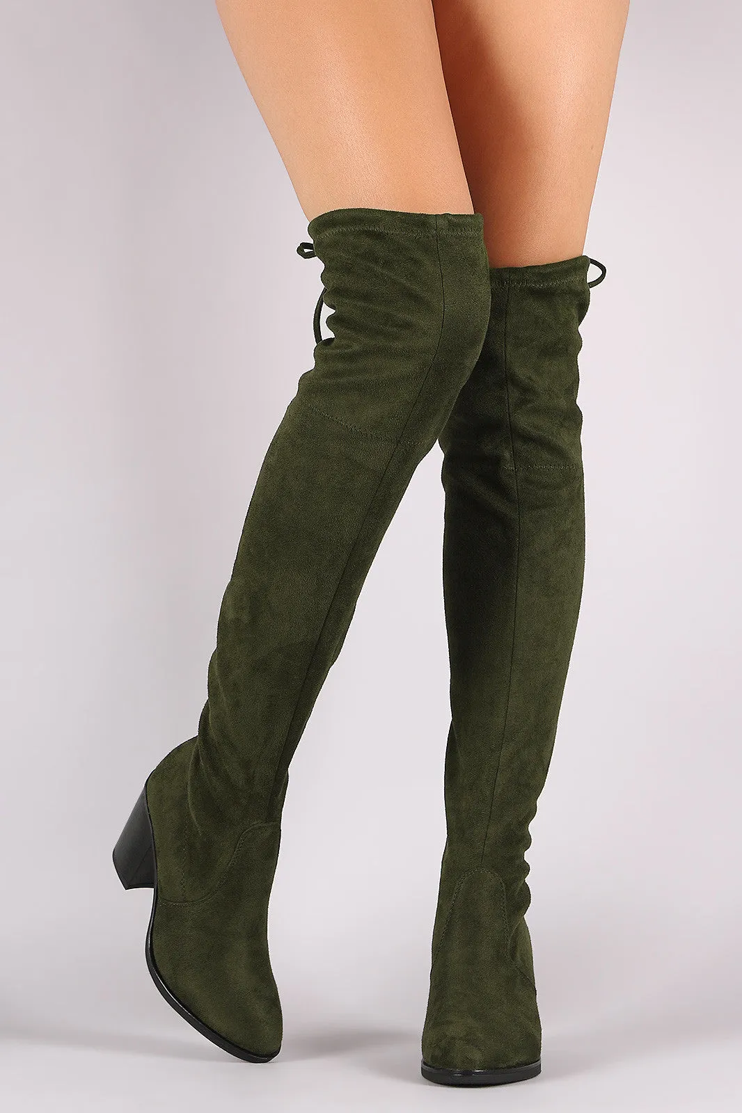 Stretched Suede Collar Tie Chunky Heeled Over-The-Knee Boots