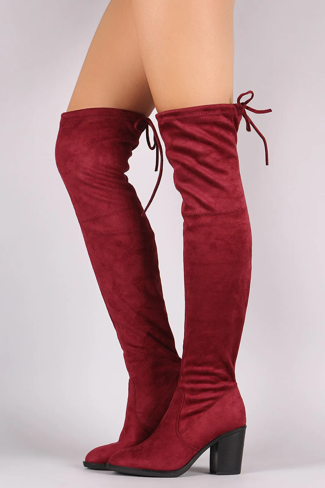 Stretched Suede Collar Tie Chunky Heeled Over-The-Knee Boots