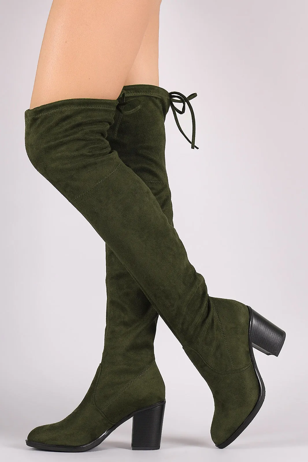 Stretched Suede Collar Tie Chunky Heeled Over-The-Knee Boots