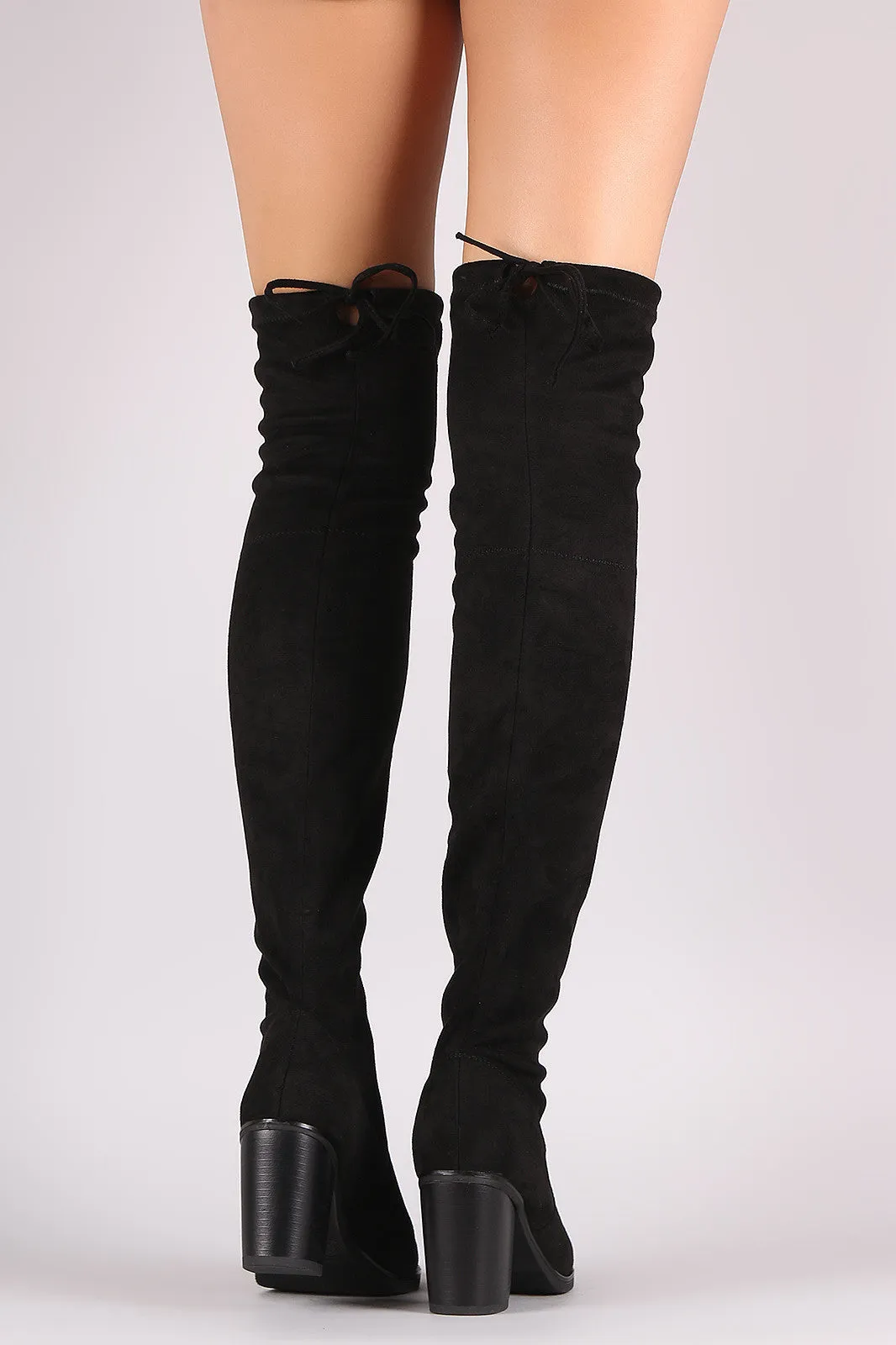 Stretched Suede Collar Tie Chunky Heeled Over-The-Knee Boots