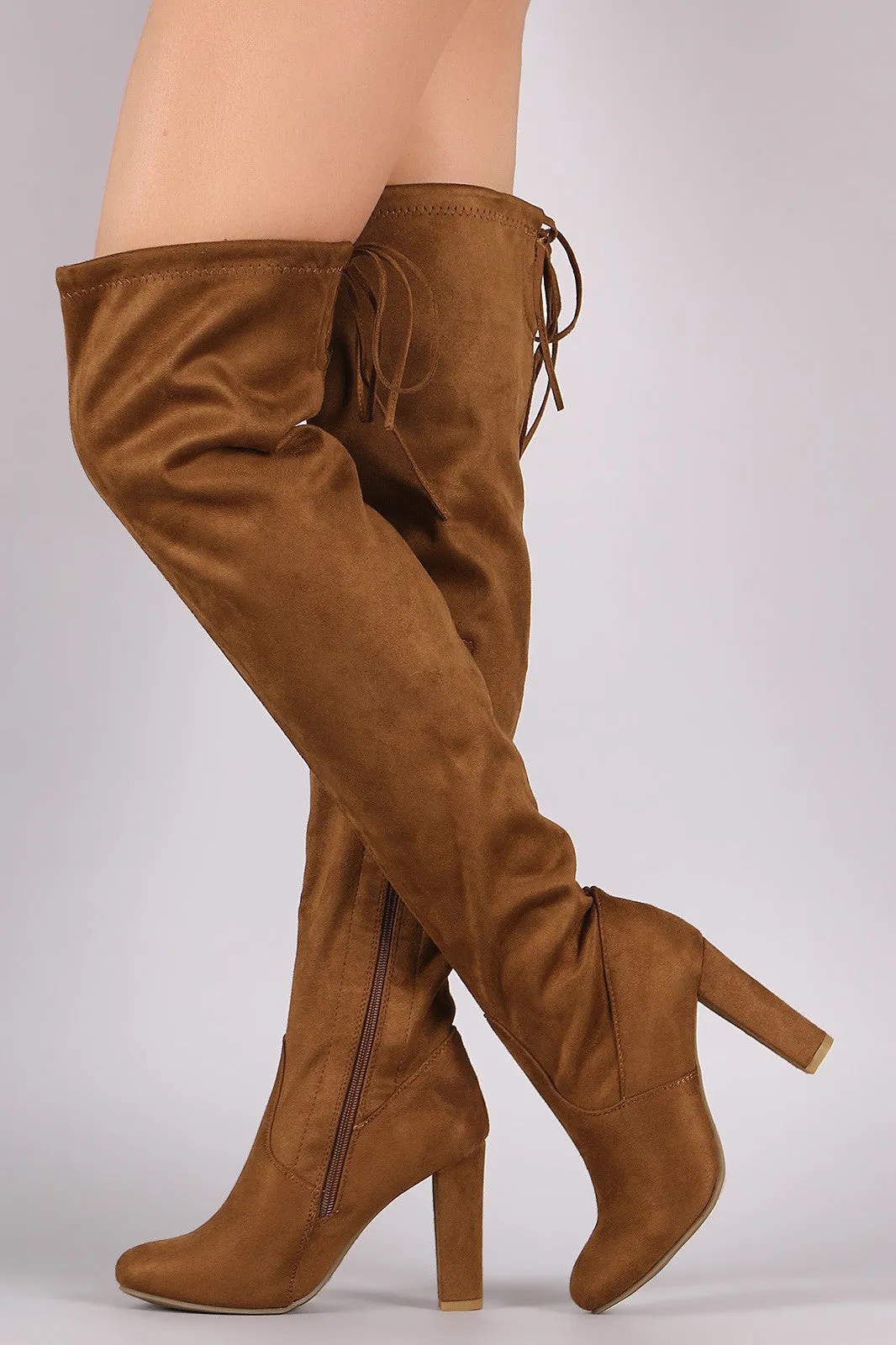 Suede Drawstring-Tie Thick Heeled Over-The-Knee Boots