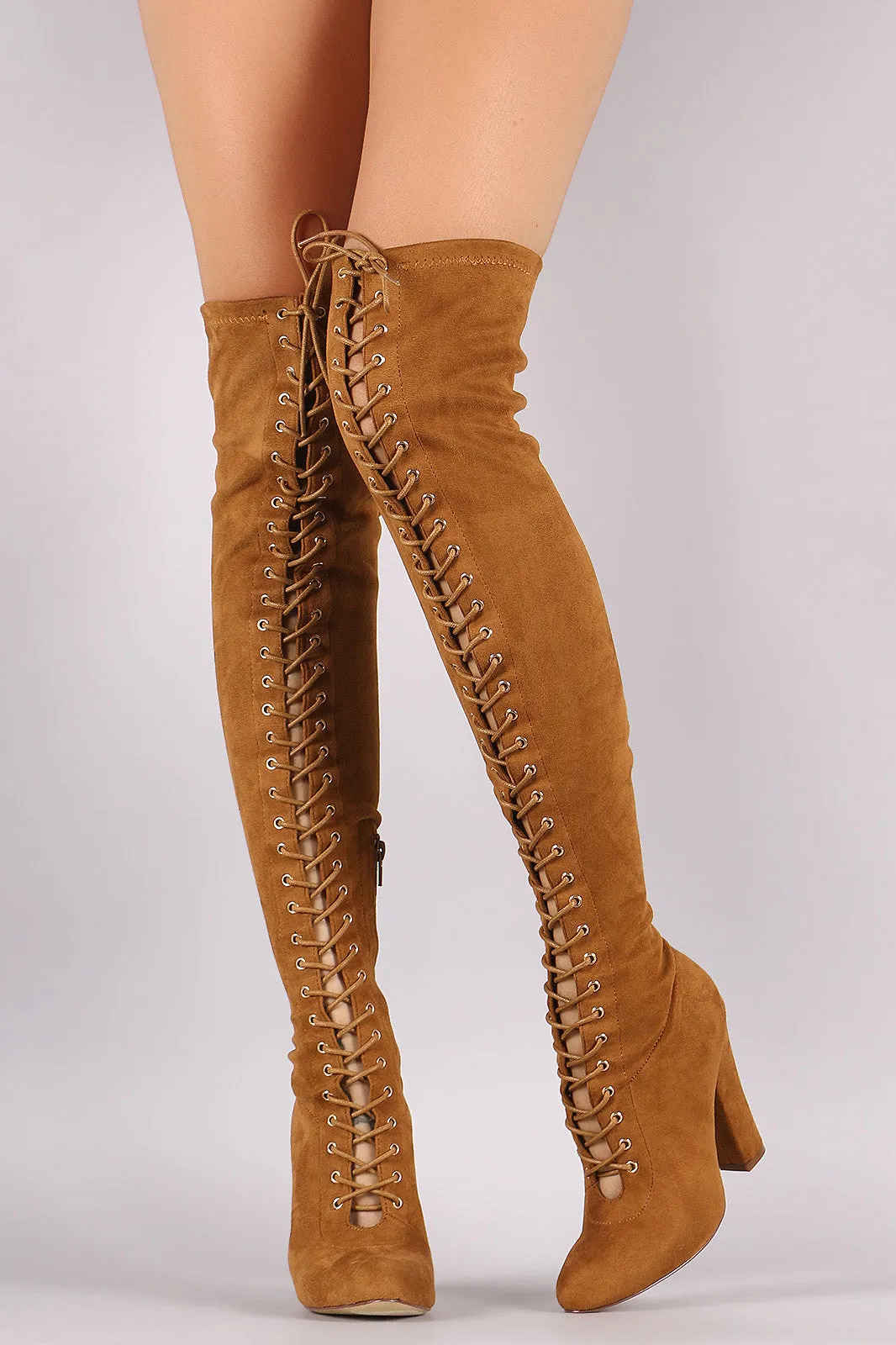 Suede Lace Up Almond Toe Chunky Heeled Over-The-Knee Boots