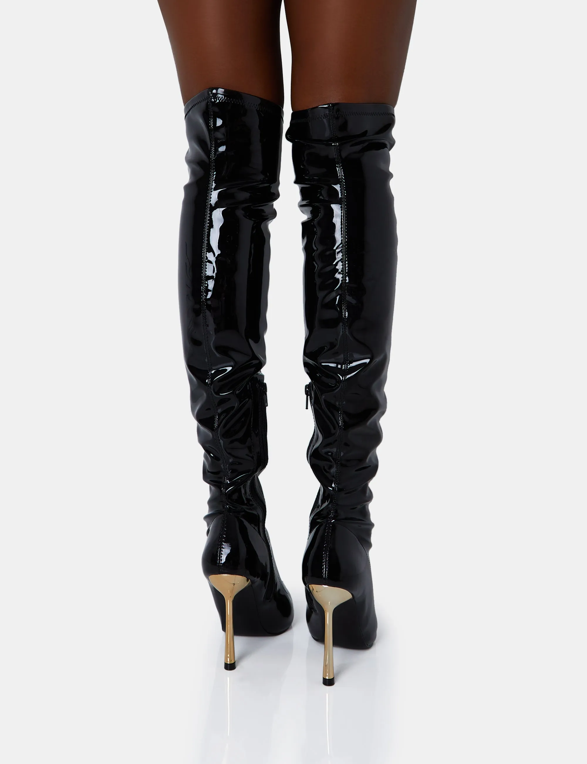 Zhenya Black Patent Pointed Gold Contrast Stiletto Over The Knee Boots