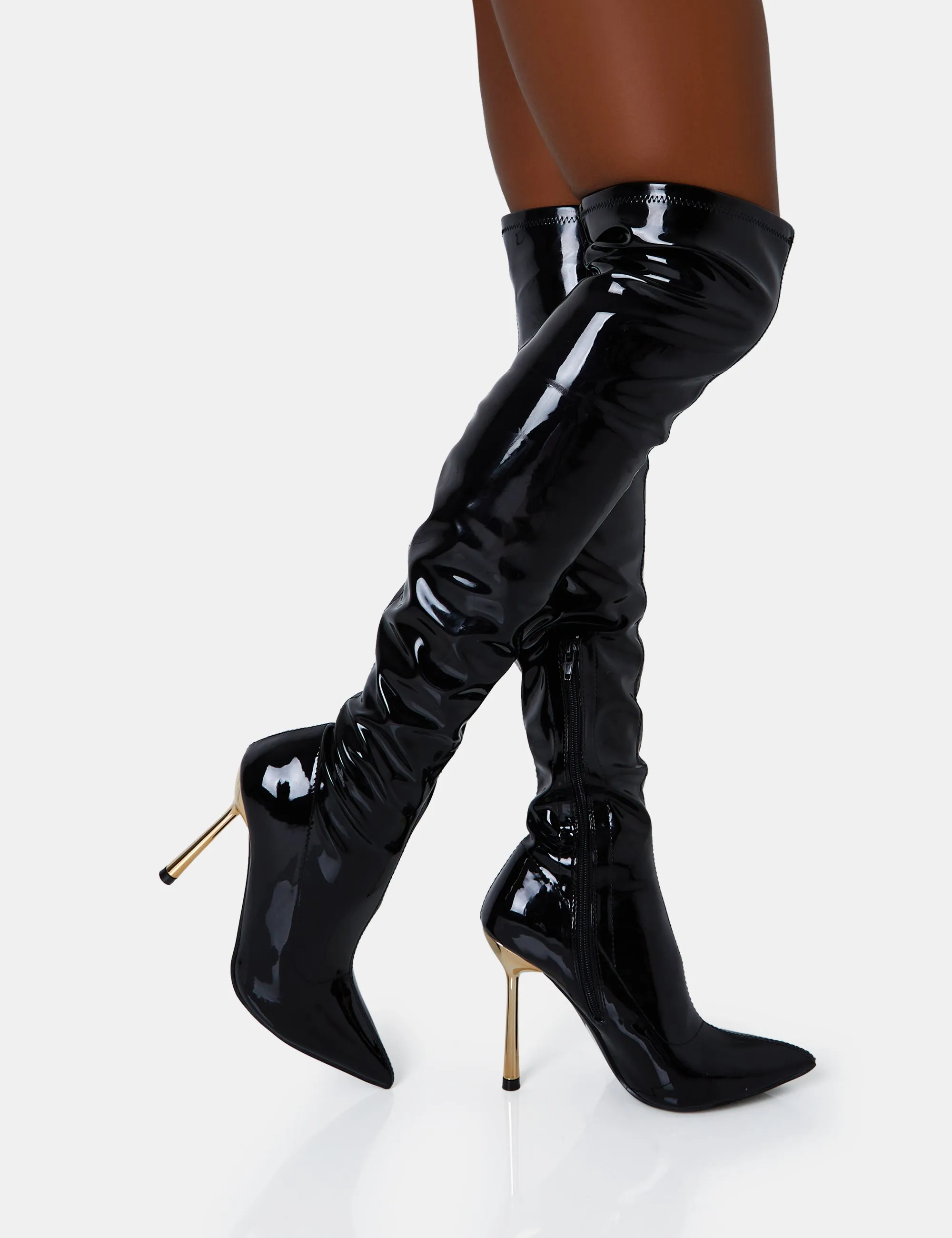 Zhenya Black Patent Pointed Gold Contrast Stiletto Over The Knee Boots