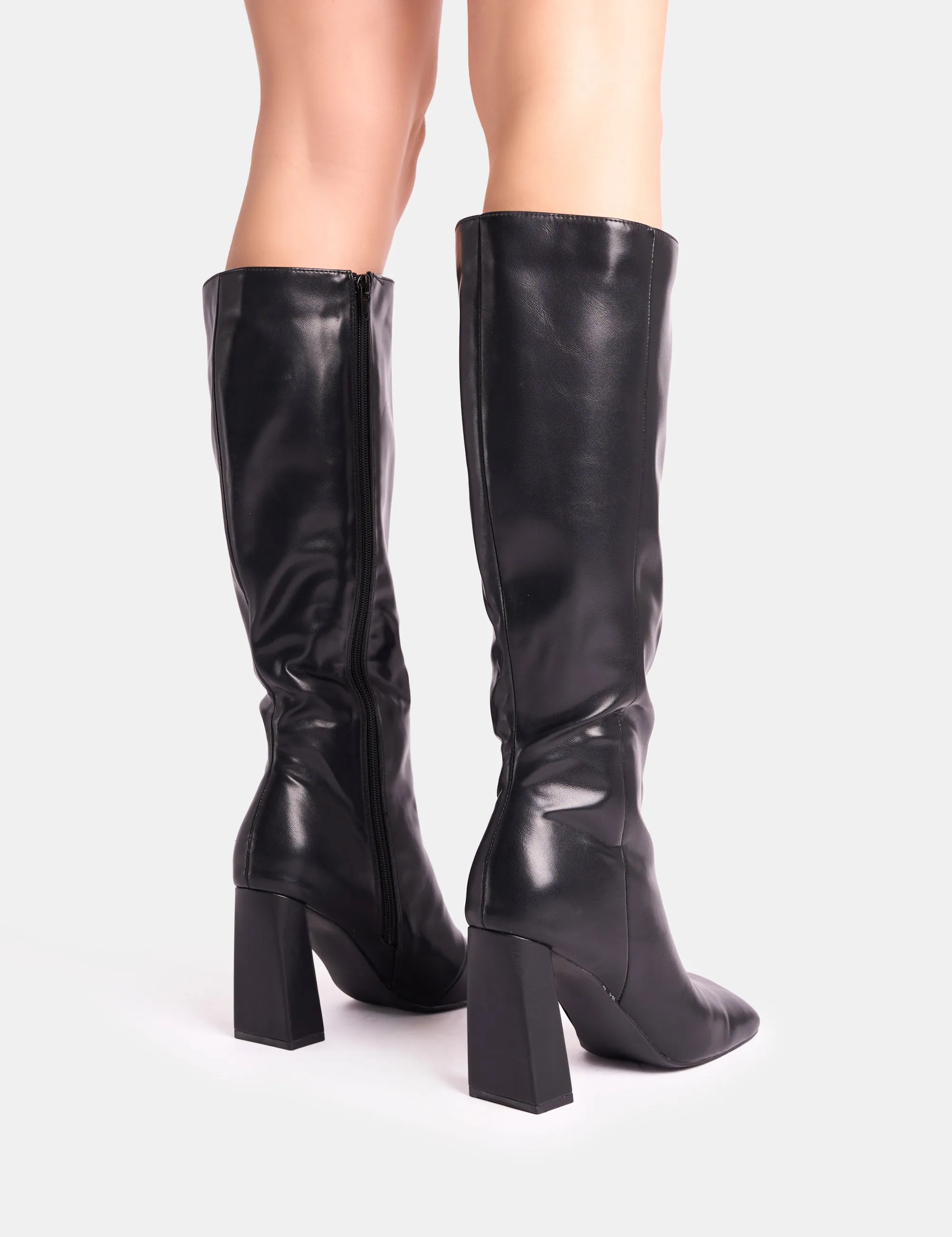 Zoya Black Slanted Toe Block Heel Knee High Sock Boots